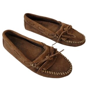 MINNETONKA Kilty Suede Mocassin Sz 7.5 Cognac Casual Comfy Everyday